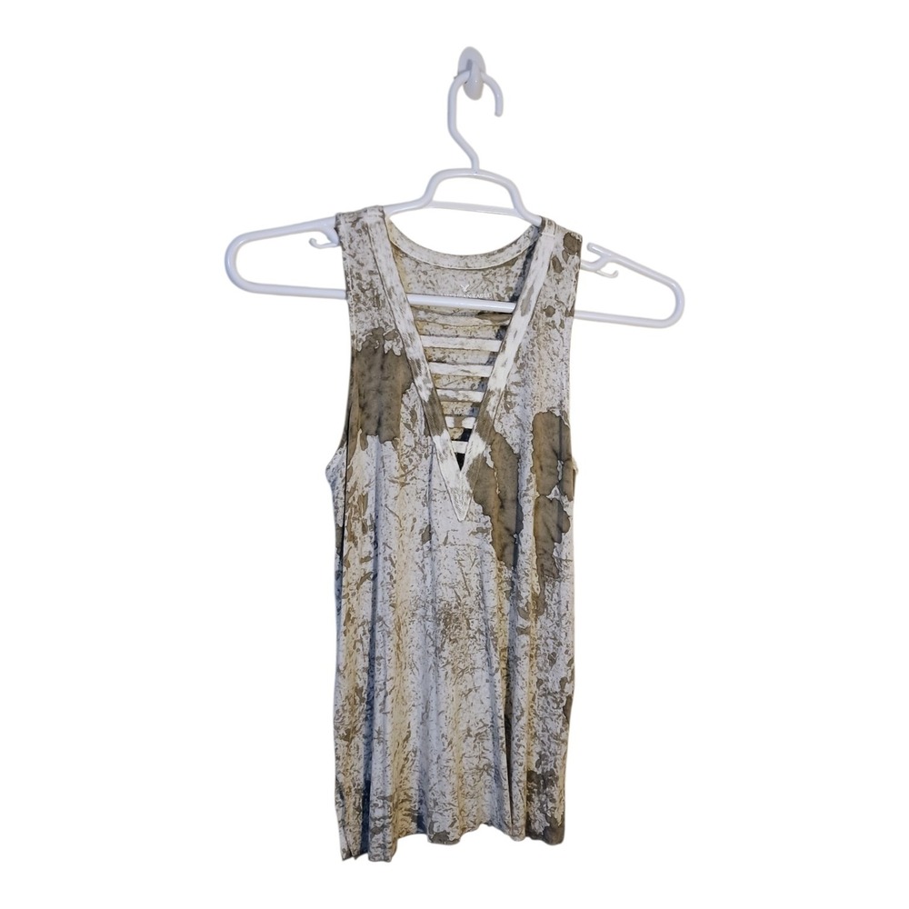 AMERICAN EAGLE Womens XS White Gray Splatter Ladder Front Racer‎ back Tank Top